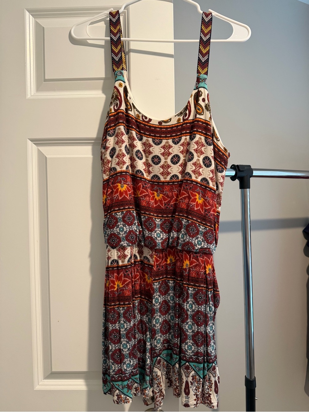 Boho Printed Sleeveless Romper With Pockets — Rust, Teal & Cream